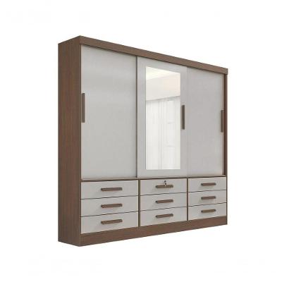 Guarda Roupa Casal Meridian Com Espelho 3 Portas 9 Gavetas Com Pés - D' Doro Castanho/off White