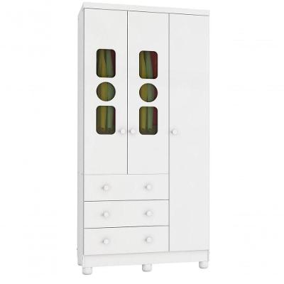 Armário Infantil 3 Portas 3 Gavetas Tedy - Moveis Peroba Branco Brilho