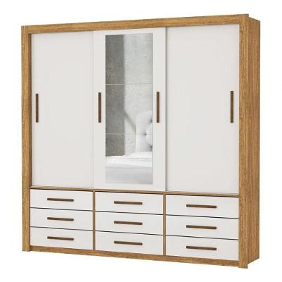 Armareo Roupeiro Anjos 3 Portas C/espelho Central 9 Gavetas S/pe Carioca Moveis Cinamomo/off White