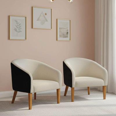 Poltrona Sala Decorativa Kit 2 Stella Pé Madeira Trapézio Castanho Sintético Pu Preto-linho Bege D03 - D'rossi