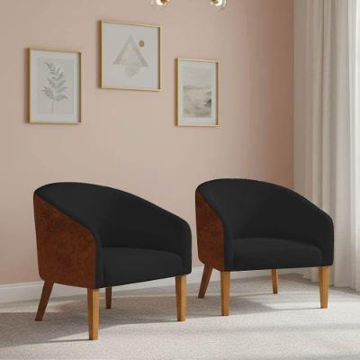 Poltrona Sala Decorativa Kit 2 Stella Pé Madeira Trapézio Castanho Sintético Pu Nozes-bouclê Preto D03 - D'rossi