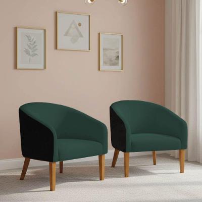 Poltrona Sala Decorativa Kit 2 Stella Pé Madeira Trapézio Castanho Sintético Pu Preto-bouclê Verde D03 - D'rossi