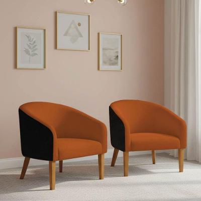 Poltrona Sala Decorativa Kit 2 Stella Pé Madeira Trapézio Castanho Sintético Pu Preto-bouclê Terra D03 - D'rossi