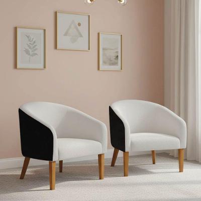 Poltrona Sala Decorativa Kit 2 Stella Pé Madeira Trapézio Castanho Sintético Pu Preto-bouclê Off White D03 - D'rossi