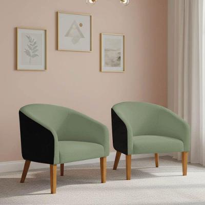 Poltrona Sala Decorativa Kit 2 Stella Pé Madeira Trapézio Castanho Sintético Pu Preto-bouclê Pistache D03 - D'rossi