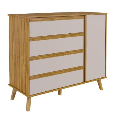 Cômoda Retro Théo 3 Gavetas 1 Porta em MDF com Puxador em MDF Amêndoa Off White