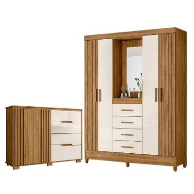 Guarda Roupa Solteiro Com Espelho Atenas E Cômoda Texas Freijó Off White - Moval