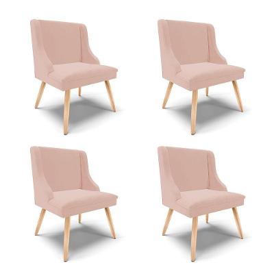 Kit 04 Cadeiras De Jantar Liz Veludo Rosê Pés Palito Natural D03 - D'rossi