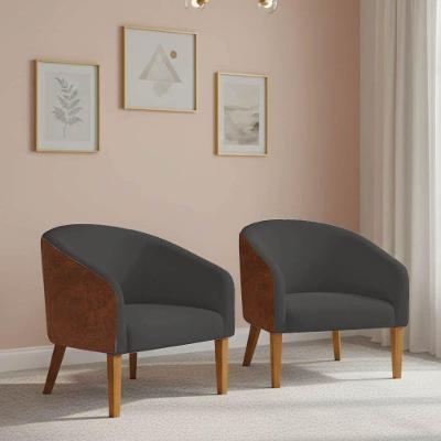 Poltrona Sala Decorativa Kit 2 Stella Pé Madeira Trapézio Castanho Sintético Pu D03 - D'rossi Nozes-bouclê Grafite