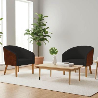 Poltrona Sala Decorativa Kit 2 Stella Pé Madeira Trapézio Castanho Sintético Pu D03 - D'rossi Nozes-linho Preto