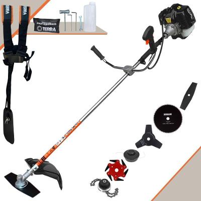 Roçadeira Profissional Lateral Terra Grh520 À Gasolina 52cc 2t 2,5hp + Faca 3 Pontas 255mm + Faca 80 Dentes 255mm + Tri