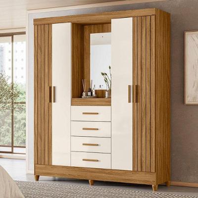 Guarda Roupa Solteiro Ambiente Atenas Com Espelho 4 Portas Freijó Off White- Moval