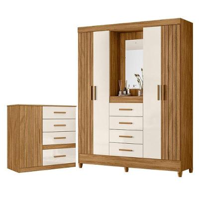 Guarda Roupa Solteiro Com Espelho Atenas E Cômoda Vênus Freijó Off White - Moval