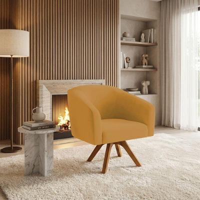 Poltrona Sala Decorativa Stella Base De Madeira Giratória Mm30 Veludo Mostarda D03 - D'rossi