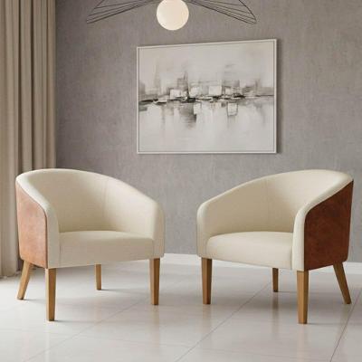 Poltrona Sala Decorativa Kit 2 Stella Pé Madeira Trapézio Castanho Sintético Pu Nozes-linho Bege D03 - D'rossi