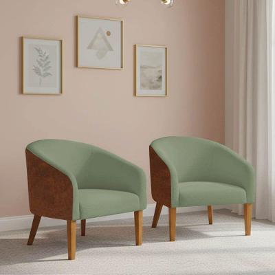 Poltrona Sala Decorativa Kit 2 Stella Pé Madeira Trapézio Castanho Sintético Pu D03 - D'rossi Nozes-bouclê Pistache