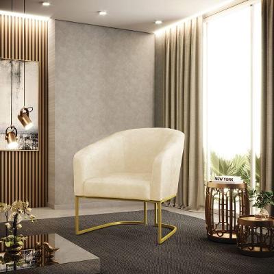Poltrona Sala Decorativa Stella Base Industrial Sintético PU Bege Dourado D'Rossi