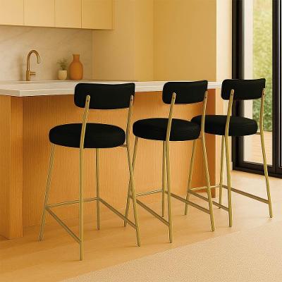 Banqueta Cozinha Média Com Encosto Industrial Dourado Kit 3 Londres Pu Preto D03 - D'rossi