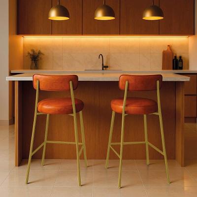 Banqueta Cozinha Média Com Encosto Industrial Dourado Kit 2 Londres Pu Nozes D03 - D'rossi