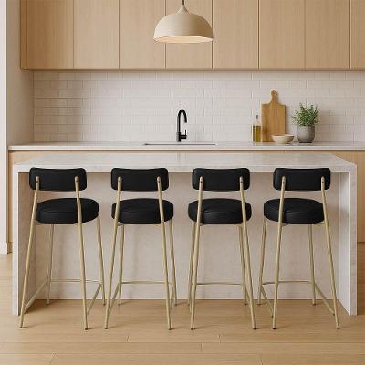 Banqueta Cozinha Alta Com Encosto Industrial Champanhe Kit 4 Londres Pu Preto D03 - D'rossi