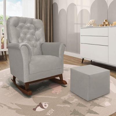 Poltrona De Amamentação Balanço Madeira E Puff Angelin Suede Cinza Claro P02 - D'rossi
