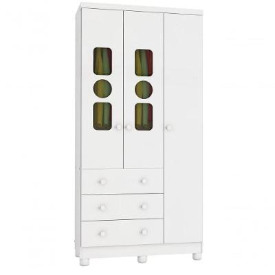 Armário Infantil 3 Portas 3 Gavetas Tedy - Moveis Peroba Branco Brilho