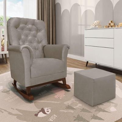 Poltrona De Amamentação Balanço Madeira E Puff Angelin Suede Cinza Escuro P02 - D'rossi
