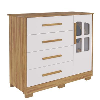 Cômoda Infantil Charlô 4 Gavetas MDF Puxador MDF Amêndoa Branco com Porta