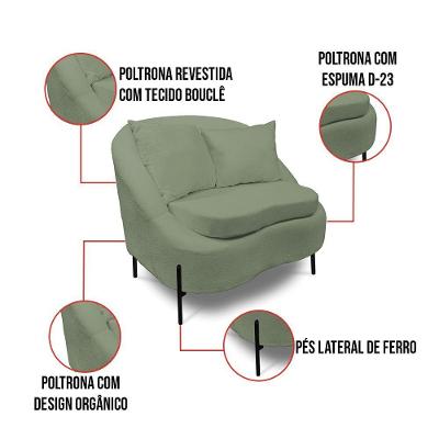 Poltrona Decorativa Zaya Orgânica Pés De Metal Verde D'Rossi