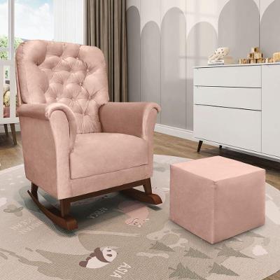 Poltrona De Amamentação Balanço Madeira E Puff Angelin Veludo Rosê P02 - D'rossi