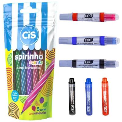 Kit Caneta Spirinho Scents 5 Cores + Marcador E Refil Quadro Branco 3 Cores Lyke