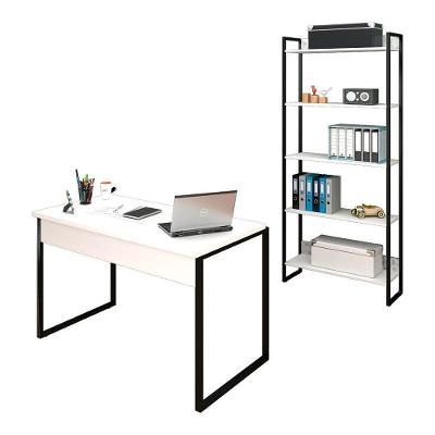 Kit Escritório Mesa e Estante Studio Industrial M18 Branco