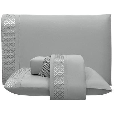 Jogo De Lençol Queen Quadratto Bordado 300 Fios Micropercal 4 Peças Cinza - 100% Poliester
