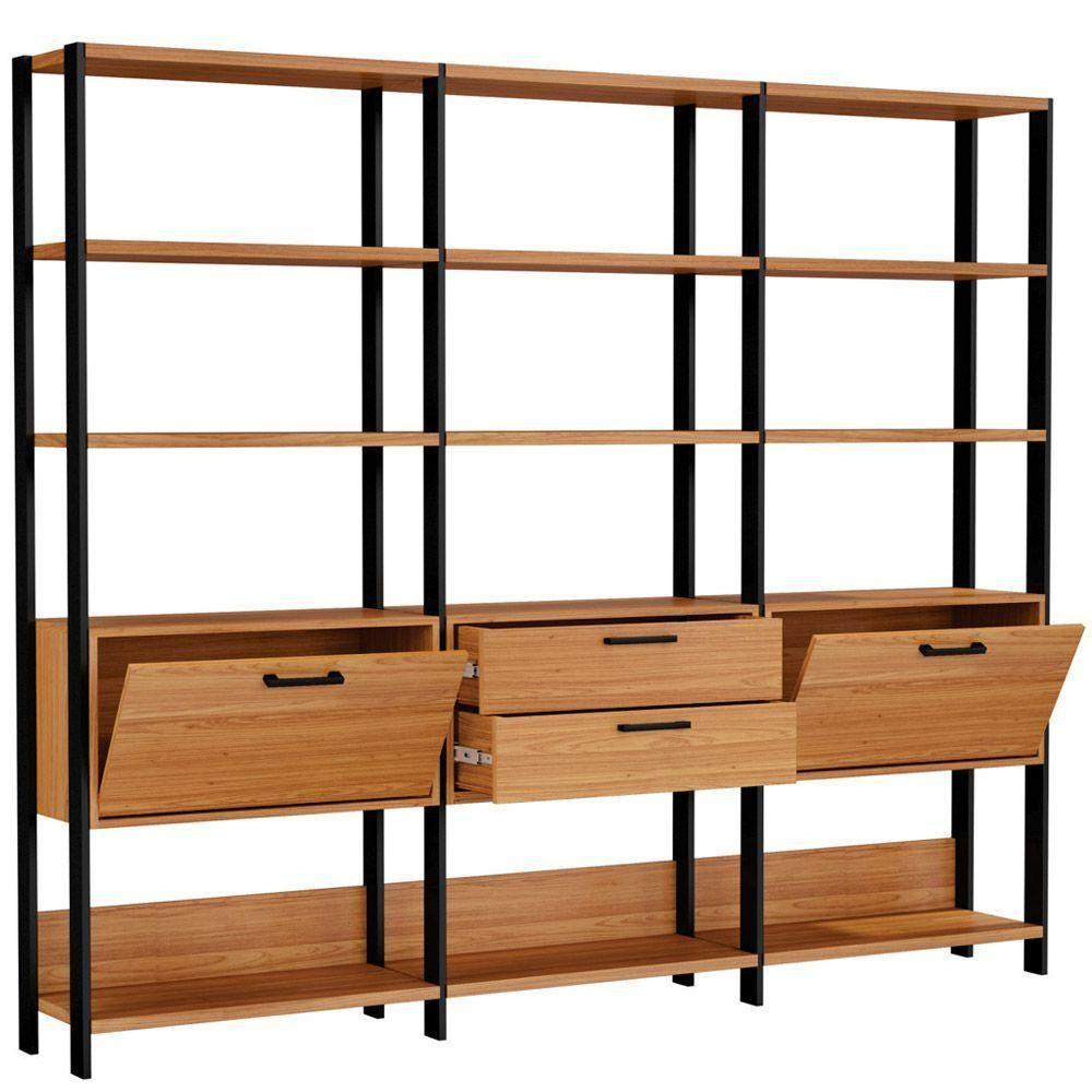 Kit 3 Estantes 5 Prateleiras 2 Gavetas 185X73Cm Freijó Preto - 1