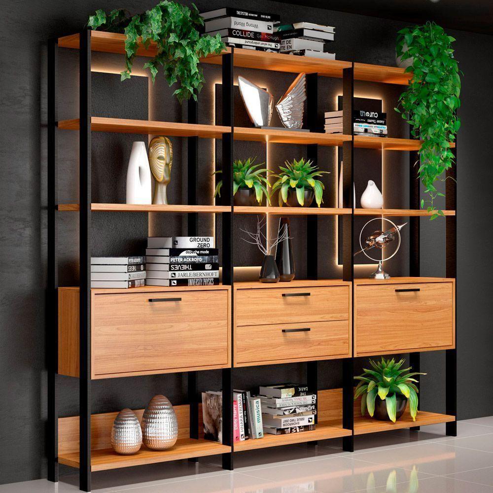 Kit 3 Estantes 5 Prateleiras 2 Gavetas 185X73Cm Freijó Preto - 5