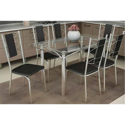Sala De Jantar Completa Elba C/ Tampo De Vidro 120cm E 6 Cadeiras Lisboa Cromada - Courano Preto - Kappesberg