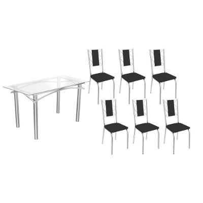 Sala De Jantar Completa Elba C/ Tampo De Vidro 150cm E 6 Cadeiras Lisboa Cromada - Courano Preto - Kappesberg