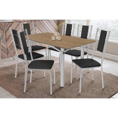 Sala De Jantar Completa Elba C/ Tampo De Madeira 160cm E 6 Cadeiras Lisboa Cromada/nogueira - Courano Preto - Kappesberg