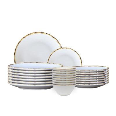 Jogo 12 Pratos Raso 12 Fundos 12 Bowls Borda Bambu Cerâmica 1ª Linha Scalla