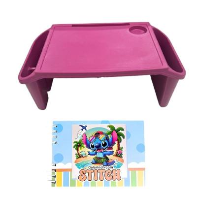 Mesa Apoio Infantil + Livro De Capa Dura – 48 Páginas Para Colorir, Criar E Aprender Bandeja Rosa Stitch-azul