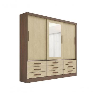 Guarda Roupa Casal Meridian Com Espelho 3 Portas 9 Gavetas Com Pés - D' Doro Castanho/linho