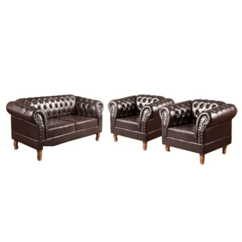 Conjunto 03 Peças Namoradeira E Poltronas Chesterfield Duque Via Encanto Courano Marrom Café - 1