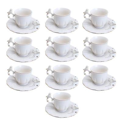 Jogo 10 Xícara De Café Porcelana Birds Branca Fio Dourado Pássaro Com Pires 100ml Wolff