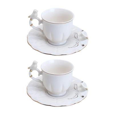 Jogo 2 Xícara De Café Porcelana Birds Branca Fio Dourado Pássaro Com Pires 100ml Wolff