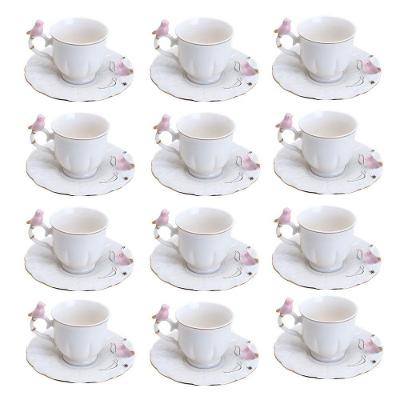 Jogo 12 Xícara De Café Porcelana Rosa E Branca Birds Pássaro Com Pires 100ml Wolff