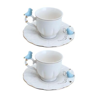 Jogo 2 Xícara De Café Porcelana Birds Azul E Branca Fio Dourado Pássaro Com Pires 100ml Wolff