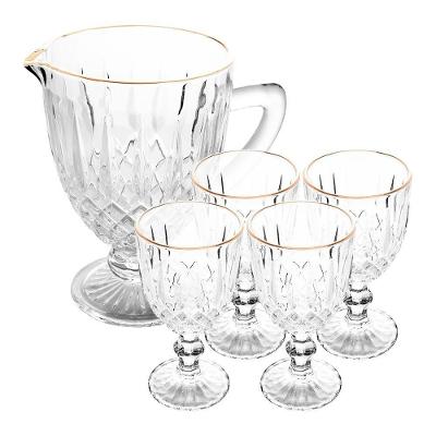 Jogo Jarra 1l Greek Com 4 Taças De Vidro 345ml Fio De Ouro Borda Dourada água Suco Wolff