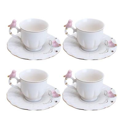 Jogo 4 Xícara De Café Porcelana Rosa E Branca Birds Pássaro Com Pires 100ml Wolff