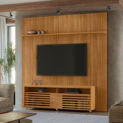 Painel Tv 75 Pol 238cm Ripado Kalven Com Rack Bancada Nerion M20 - D'rossi Cumaru(fosco)