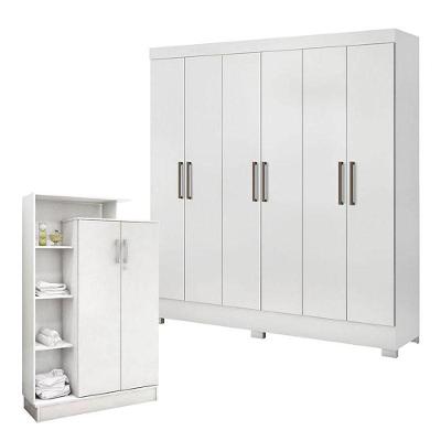 Guarda Roupa Casal Prático E Armário Multiuso Elite Branco Brilho - Demóbile